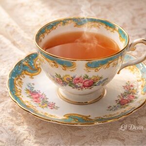 Turquoise and Gold Floral Porcelain Teacup and Saucer Set